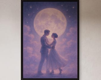 Couple Under Moon Poster, Romantic Moonlight Wall Art, Lovers at Night Print, Dreamy Moon Scene, Love Under Stars Art, Romantic Decor