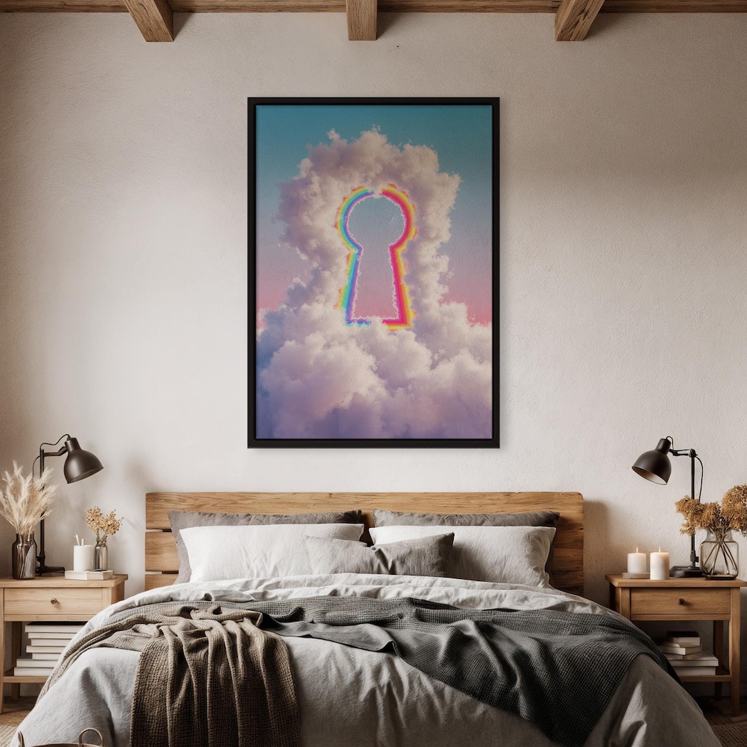 Keyhole Trippy Dreamcore Cloud Poster, Rainbow Keyhole Wall Art, Surreal Pastel Print ...