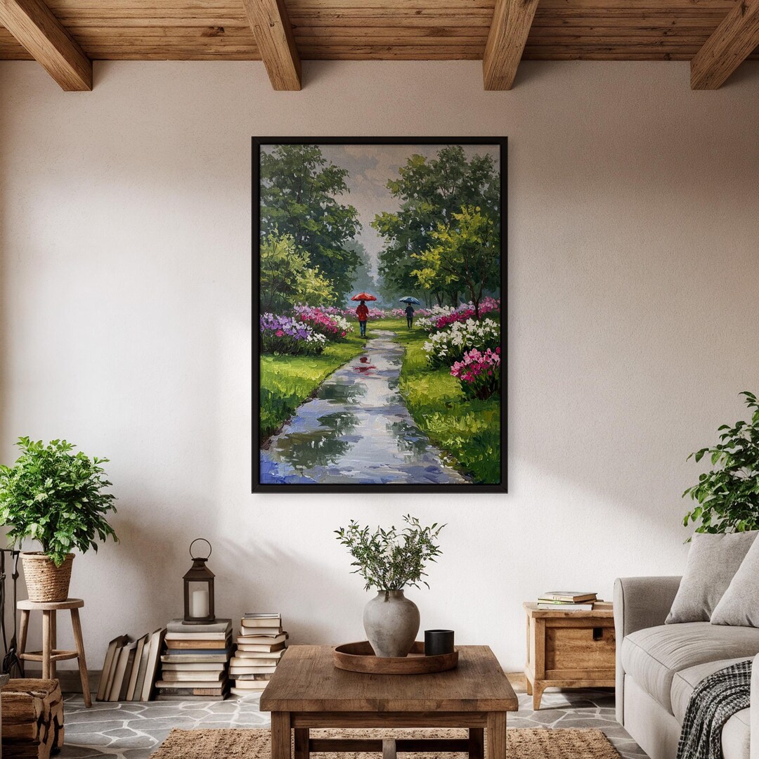 Rainy Path Wall Art, Romantic Nature Poster, Floral Garden Painting ...