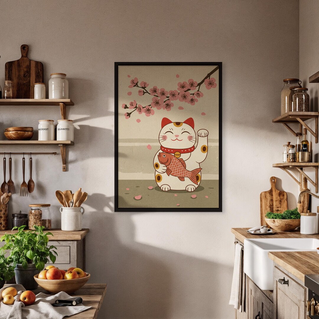 Lucky Cat Wall Art Print, Japanese Maneki Neko Poster, Cherry Blossom ...