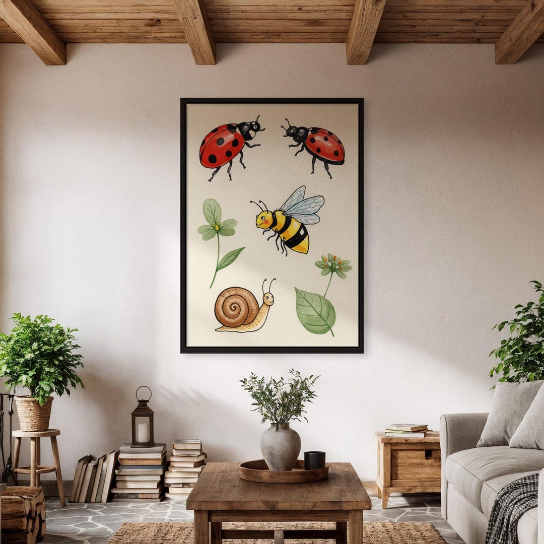 Ladybug Bee Snail Wall Art, Cute Insect Illustration Poster, Nature ...