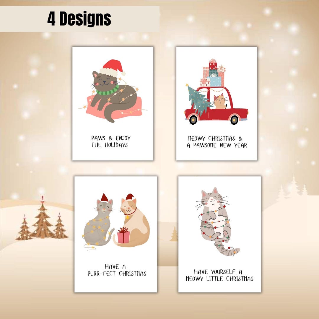 Cat Christmas Card Set: 4 Printable Holiday Greeting Cards (digital ...