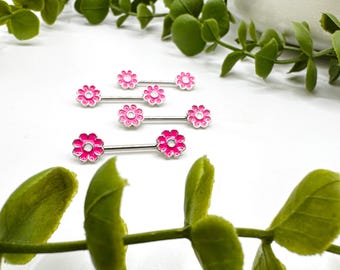 Pink Daisy Flower Dainty Nipple Piercing Bar Womens Jewellery
