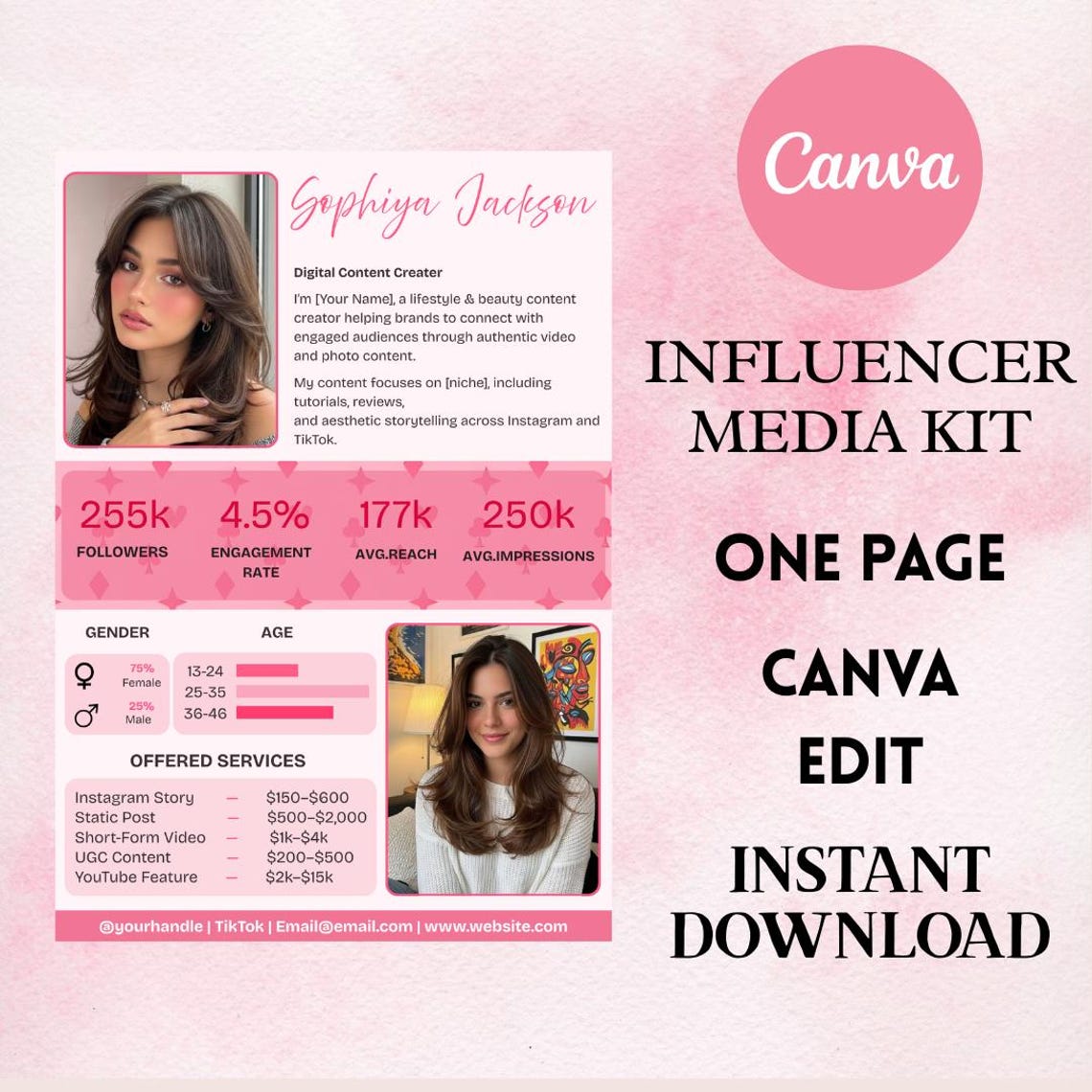 Influencer Media Kit Template, Pink Rate Card, UGC Pitch Deck (canva ...