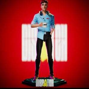 Può includere: Statuetta di una persona con camicia azzurra e pantaloni neri, che tiene una tazza. La figura è su una base verde con la scritta "DISPATCH" in bianco. Lo sfondo è rosso con la scritta "DISPATCH" in bianco.