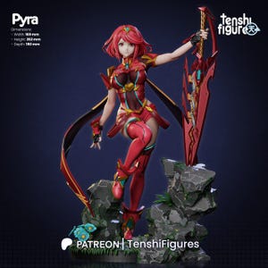 Puede incluir: Una figura detallada de Pyra, un personaje con cabello rojo y un atuendo rojo y dorado, sosteniendo una gran espada roja. La figura mide 169 mm de ancho, 262 mm de alto y 150 mm de profundidad. La base incluye el texto "PATREON | TenshiFigures".