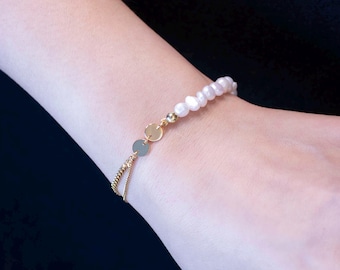 Arista Bracelet, Elegant Kelshi Pearl and Gold Medal Bangle, Adjustable Everyday Jewelry, Sterling Silver Gold Plated Gift