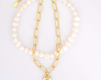 Amore, Love Heart & Baroque Pearl Bracelet, Dainty Mixed Metal Jewelry, Gold Vermeil Jewelry, Valentine's Romantic Gift for Her