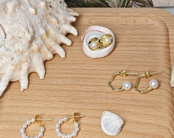Minimalist Pearl Studs : Melody Hoops, Wave Studs & Venus Shell Earrings | 18K Gold Plated Vermeil |