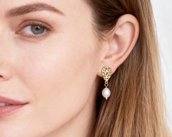 The Arista Earrings Hammered Gold Vermeil Stud Earrings with Natural White Keshi Pearl Drop, Elegant Minimalist Jewelry