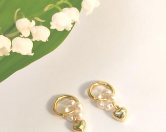 Amore Earrings: Baroque Pearl & Heart Charm Set | Dainty Huggie Jewelry, Romantic Valentine's Gift for Her,  Bridesmaid Gift, Minimalist
