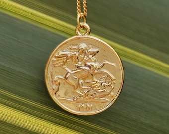 Gold Plated Coin Pendant Necklace – Queen & Flying Horse Design – Adjustable 18ct Gold Vermeil Sterling Silver Jewelry