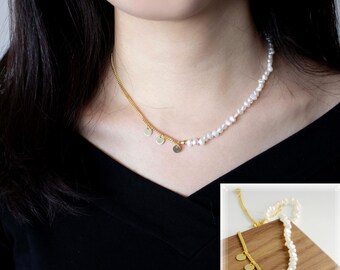 Arista Triple Medal Necklace, Rice Pearl and Gold Chain Necklace, Dual-Design Elegance, 18k Gold Plated Vermeil Gift for Her