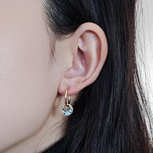 May include: A close-up of a gold hoop earring with a circular pendant. The pendant features a mosaic of iridescent blue and green abalone shell. The earring is worn on a person's ear, with dark hair visible.
