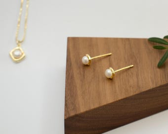 Attina Stud Earrings, Dainty Pearl Earrings, Gold or Rhodium Plated Minimalist Earrings,  Freshwater pearl Jewelry