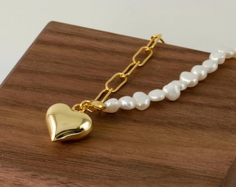 Amore Necklace: Baroque Pearl & Heart Charm Necklace | Dainty Mixed Paper Clip Jewelry, Romantic Valentine's Gift for Her,  Gold and Silver