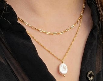 Adela Necklace | Baroque Pearl Double Chain Necklace | Adjustable Gold Vermeil & Sterling Silver Pearl Jewelry