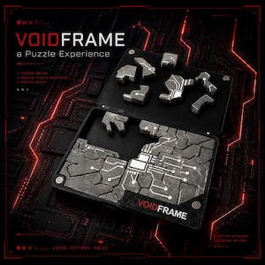 Pode incluir: Uma caixa de quebra-cabeça preta com o texto "VOIDFRAME" e "a Puzzle Experience". A caixa contém peças de quebra-cabeça cinzentas com desenhos de placas de circuito brancas. O quebra-cabeça está aberto, com algumas peças dentro e outras separadas.