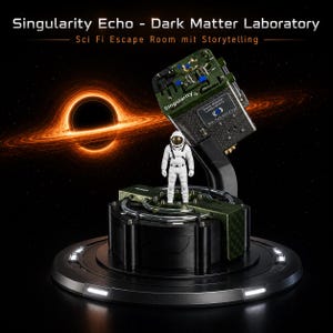 May include: A futuristic display featuring a miniature astronaut figure standing on a platform. The platform supports a dark green and black device with the text "Singularity" and "Dark Matter Laboratory". The background shows a black hole and the text "Singularity Echo - Dark Matter Laboratory".