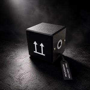 Könnte beinhalten: Ein schwarzer Würfel mit weißen Pfeilen nach oben und einem Anhänger mit der Aufschrift "TIMING - DIRECTION - MOMENTUM". Der Würfel hat ein kreisförmiges Design auf einer Seite. Der Hintergrund ist dunkel.