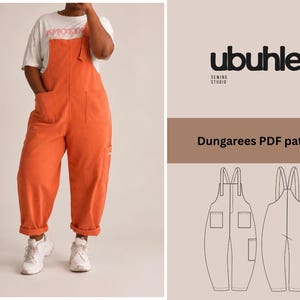 Puede incluir: Peto de color naranja brillante con peto delantero, dos grandes bolsillos de parche y pernera holgada. La imagen incluye el texto ubuhle. SEWING STUDIO Dungarees PDF pattern, junto con un dibujo técnico de la prenda y etiquetas de talla.