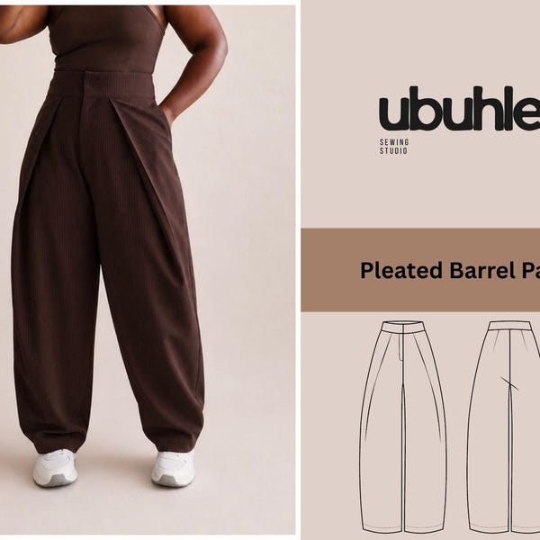 Pleated Barrel Pants sewing pattern | Modern Tailored Trousers | PDF (Digital Download) | Sizes XS-XL (UK6-20)