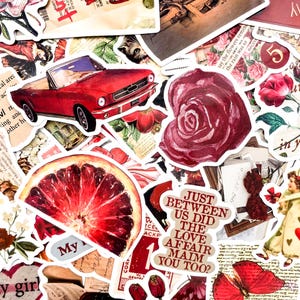 Puede incluir: Una colección de pegatinas con estética vintage. Incluye un coche descapotable rojo, una rosa de acuarela, una rodaja de naranja sanguina y una pegatina con el texto "JUST BETWEEN US DID THE LOVE AFFAIR MAIM YOU TOO?"
