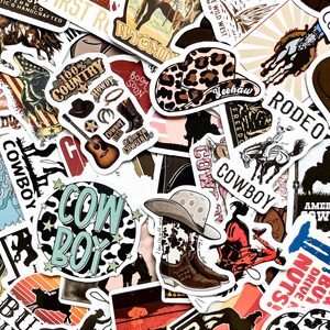 May include: A collection of colorful cowboy-themed stickers. Designs include cowboy hats, boots, guitars, rodeo riders, and the words "Cowboy," "Rodeo," and "Yeehaw." The stickers feature various colors and patterns, creating a vibrant and eye-catching assortment.