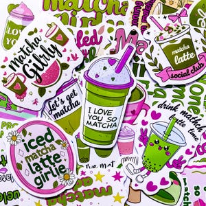 May include: A selection of vibrant stickers with matcha-themed illustrations. The stickers showcase matcha lattes, phrases such as "I love you so matcha," and the words "matcha girly." The stickers are in green, pink, and white.