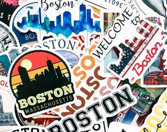 May include: A collection of colorful stickers featuring the city of Boston. Designs include the Boston skyline, the word "Boston" in various fonts, and the phrase "Welcome to Boston." The stickers have a variety of color schemes.