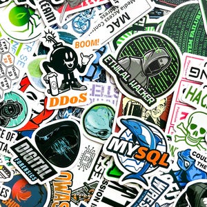May include: A collection of colorful stickers with various designs and text. Stickers include a cartoon bomb character, the words "BOOM!" and "DDOS", a dolphin with "MySQL", and an "ETHICAL HACKER" design. The stickers are on a white background.