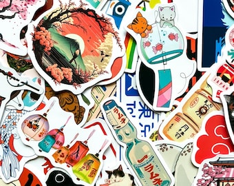 Pack of 50 Japanese Aesthetic Stickers, Tokyo Lantern Stickers, Daruma Koi Stickers, Lucky Cat Stickers, Waterproof Stickers for Collectors