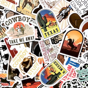 May include: A collection of cowboy-themed stickers with various designs. The stickers feature images of cowboys riding horses, cacti, and the text "Texas" and "N. Mexico". Other stickers have the words "Cowboy" and "Take Me Away".