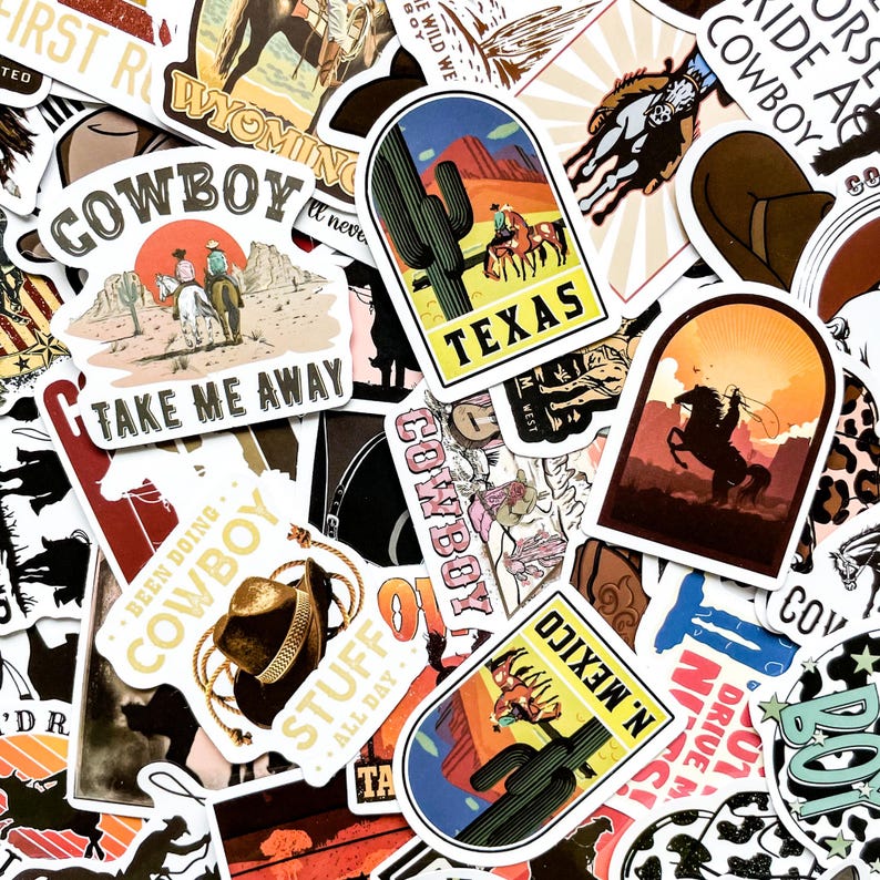 May include: A collection of cowboy-themed stickers with various designs. The stickers feature images of cowboys riding horses, cacti, and the text "Texas" and "N. Mexico". Other stickers have the words "Cowboy" and "Take Me Away".