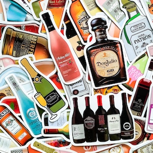 May include: A collection of stickers featuring various alcoholic beverages. The stickers showcase bottles of wine, champagne, tequila, and whiskey. The labels display brand names and product details, with a variety of colors and designs.