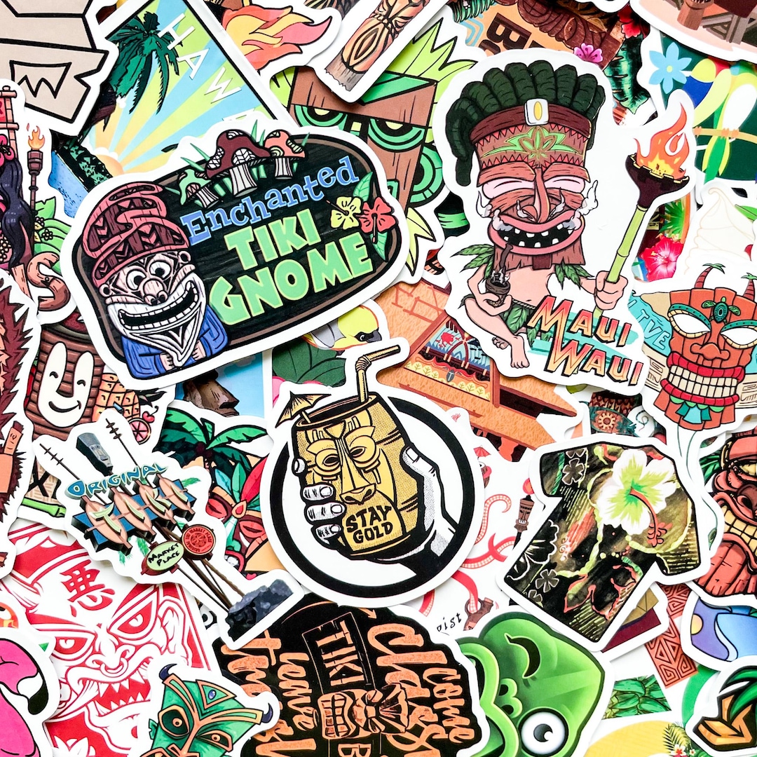 Pack of 50 Tiki Bar Stickers, Tropical Island Art Stickers, Palm Beach ...
