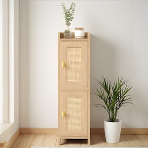Rattan Bathroom Cabinet with Doors, Slim Toilet Paper Storage, Small Corner Organizer with Adjustable Shelves Oak