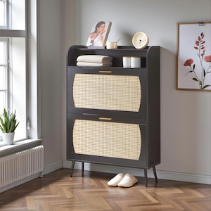Rattan Shoes Storage Cabinet 2 Flip Drawers, Narrow Entryway Shoe Organizer with Shelves, Modern Black Cabinet