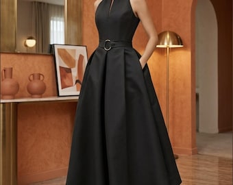 Elegante vestido midi para mujer, vestido de cóctel sin mangas de corte A con bolsillos, vestido de cuello alto en V para ir a la oficina, regalo para invitada de boda