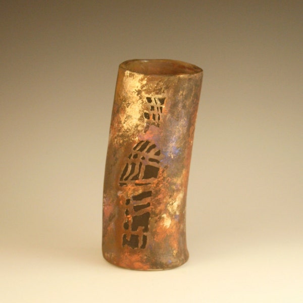 Raku Pottery, Ceramic Raku Vase with Gold and Copper Flashes