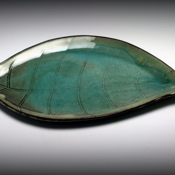 Large Ceramic Handmade Leaf Platter in Shades of Green/Ceramics and Pottery