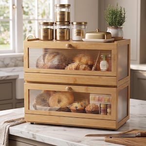 May include: A two-tier bamboo bread box with ribbed glass sliding doors. The top shelf holds glass canisters labeled Tea, Coffee, Sugar, and Brass, a gold butter dish, and a small potted plant. The bottom shelf contains various baked goods.