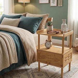3 Tier Wooden Night Stand with Open Shelf, S-Shaped Bed Side Table