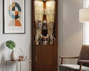 Mid Century Modern Walnut Corner Bar Cabinet with Doors, Display Lighting