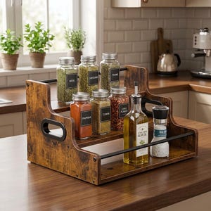 May include: A two-tier wooden spice rack with a rustic brown finish and black metal accents. The rack holds six glass spice jars labeled Basil, Oregano, Thyme, Paprika, Cumin, and Chili Flakes, plus a glass olive oil bottle and a salt shaker.