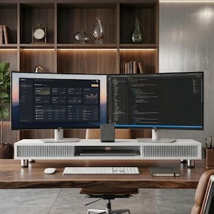 2 Tier Wooden Dual Monitor Stand, Sliding Door with Storage Organizer