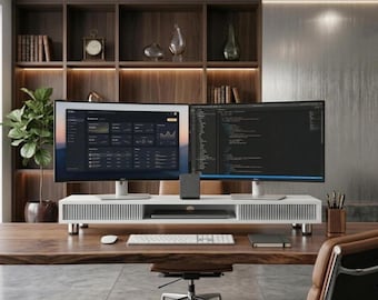 2 Tier Wooden Dual Monitor Stand, Sliding Door with Storage Organizer