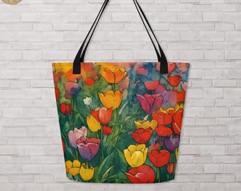 Watercolor Tulip Large Tote Bag with Pocket | Oversized (16x20) Floral Market Bag | Botanical Shopping Tote | Gift