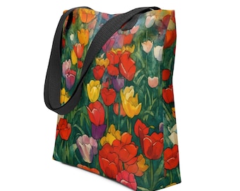 Tulip Tote Bag (15x15) with Colored Handles | Floral Shopper Tote | Botanical Reusable Bag | Spring Gift for Friend, Teacher, or Student