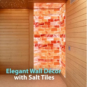 Puede incluir: Vista interior de una habitación con paneles de madera y una pared de baldosas de sal naranja y roja. El texto "Elegant Wall Decor with Salt Tiles" se muestra en la parte inferior de la imagen.
